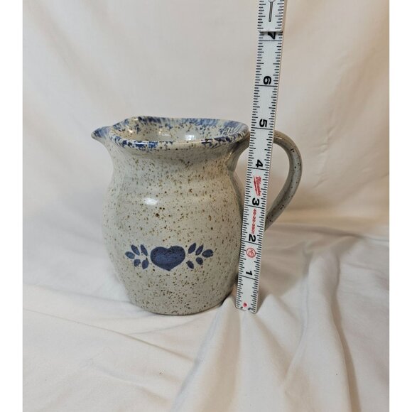Vintage Speckled Stoneware Creamer Pitcher With Heart & Blue Floral Design - Picture 8 of 9